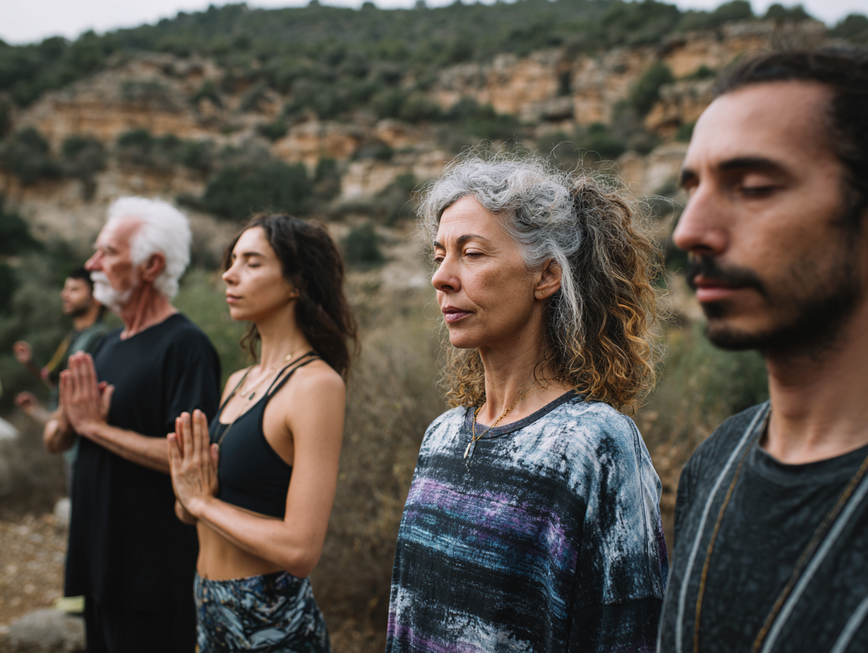 Grupul de yoga practică în natură - comunitate și armonie
